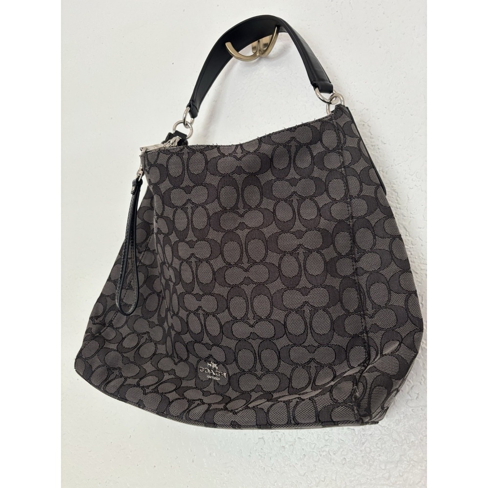 Coach Signature Jacquard Purse Handbag Hobo Style Black‎ and Grey - Picture 6 of 12